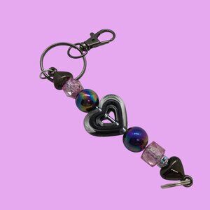 Beaded Purse Charm Keychain Black and Pink Hearts